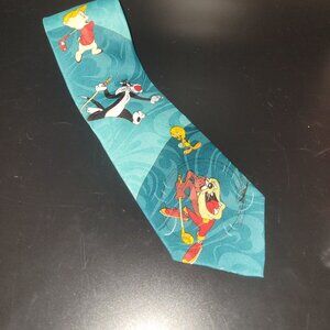 Looney Tunes Tie '94 Tasmanian Devil Tweety Bird Porky Pig Sylvester Cat Teal